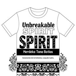 Create a design for a white t-shirt that incorporates simple batik patterns with the text 'Unbreakable Spirit - Merdeka Tanpa Batas'