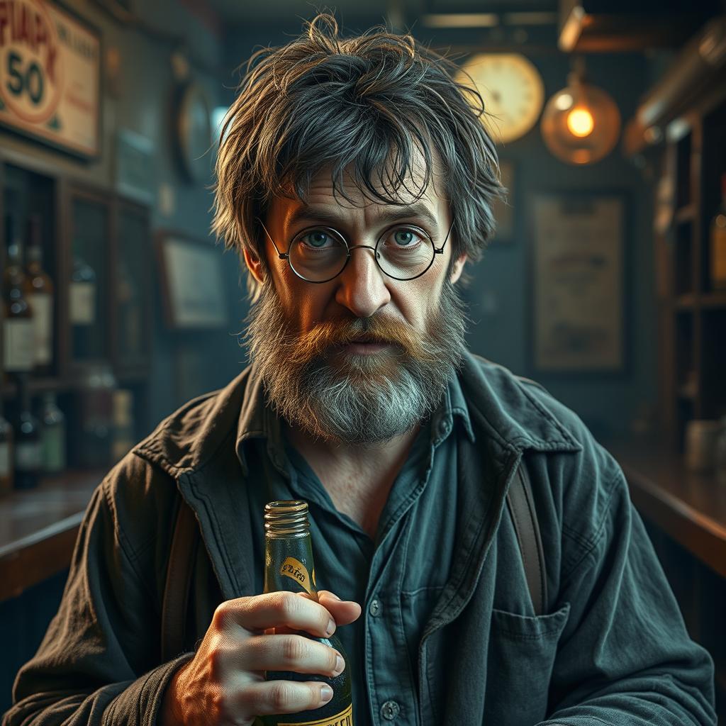 A photorealistic parody rendition of Harry Potter as a hairy, washed-up, middle-aged drunk