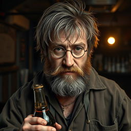 A photorealistic parody rendition of Harry Potter as a hairy, washed-up, middle-aged drunk