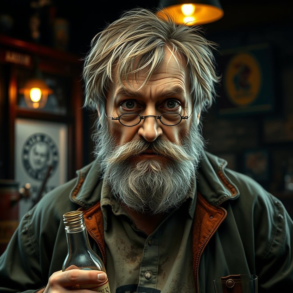 A photorealistic parody rendition of Harry Potter as a hairy, washed-up, middle-aged drunk