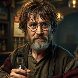 A photorealistic parody rendition of Harry Potter as a hairy, washed-up, middle-aged drunk