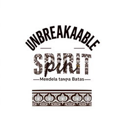 Create a simple yet meaningful design for a white t-shirt that incorporates batik patterns with the text 'Unbreakable Spirit - Merdeka Tanpa Batas'