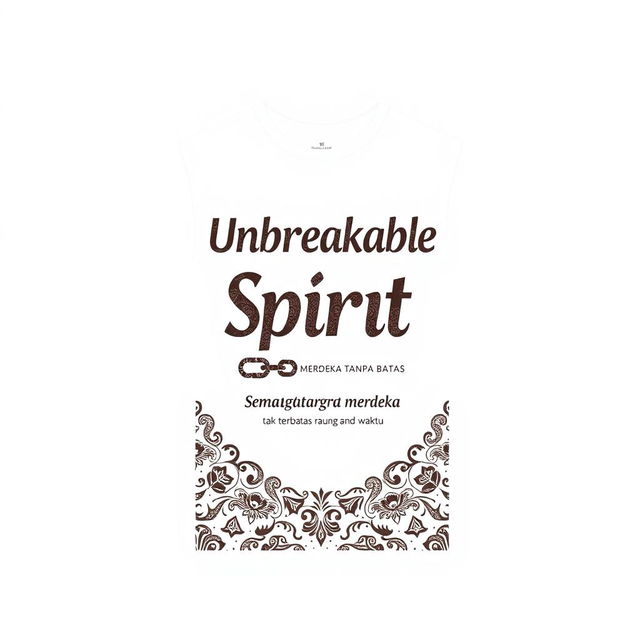 Create a simple yet meaningful design for a white t-shirt that incorporates batik patterns with the text 'Unbreakable Spirit - Merdeka Tanpa Batas'