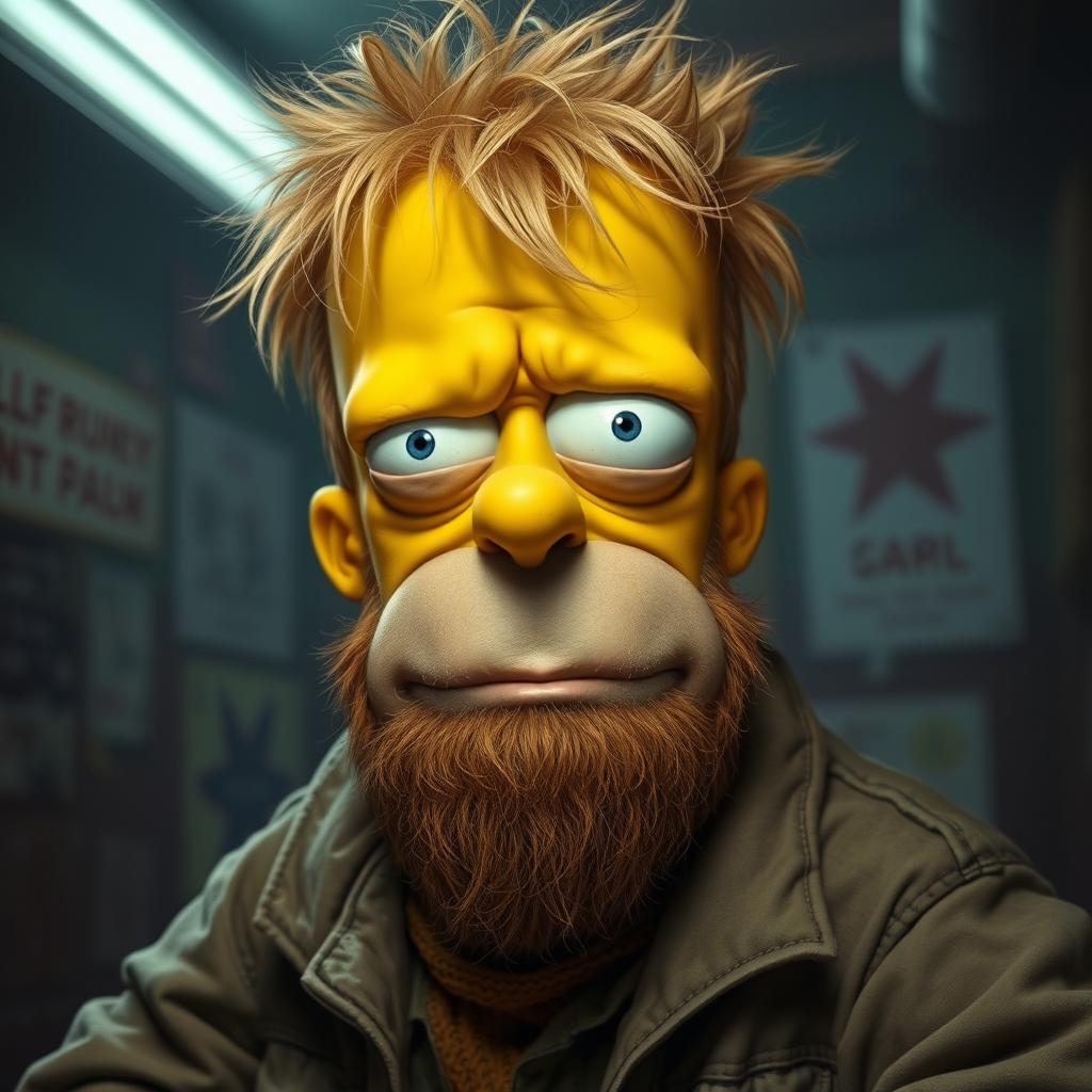 A photorealistic parody rendition of Bart Simpson as a hairy, washed-up, middle-aged drunk