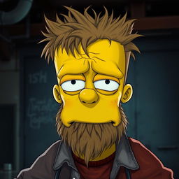 A photorealistic parody rendition of Bart Simpson as a hairy, washed-up, middle-aged drunk