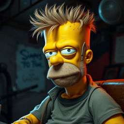 A photorealistic parody rendition of Bart Simpson as a hairy, washed-up, middle-aged drunk