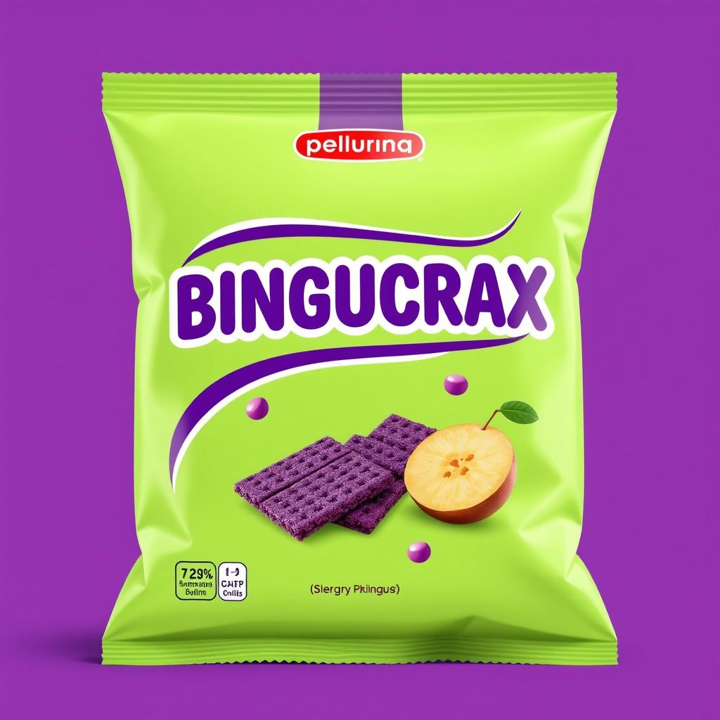 Create a product packaging design for the brand BINGUCRAX with a purple or white background