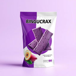 Create a product packaging design for the brand BINGUCRAX with a purple or white background