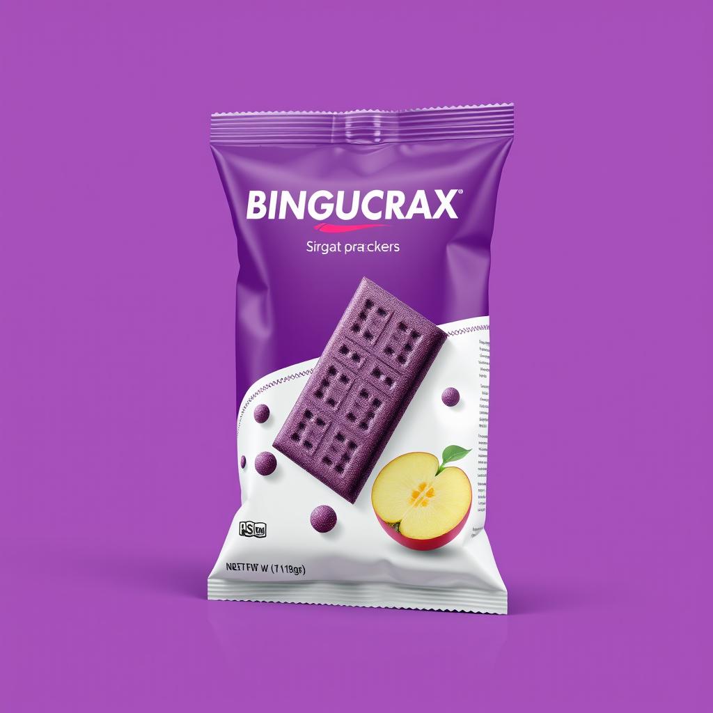 Create a product packaging design for the brand BINGUCRAX with a purple or white background