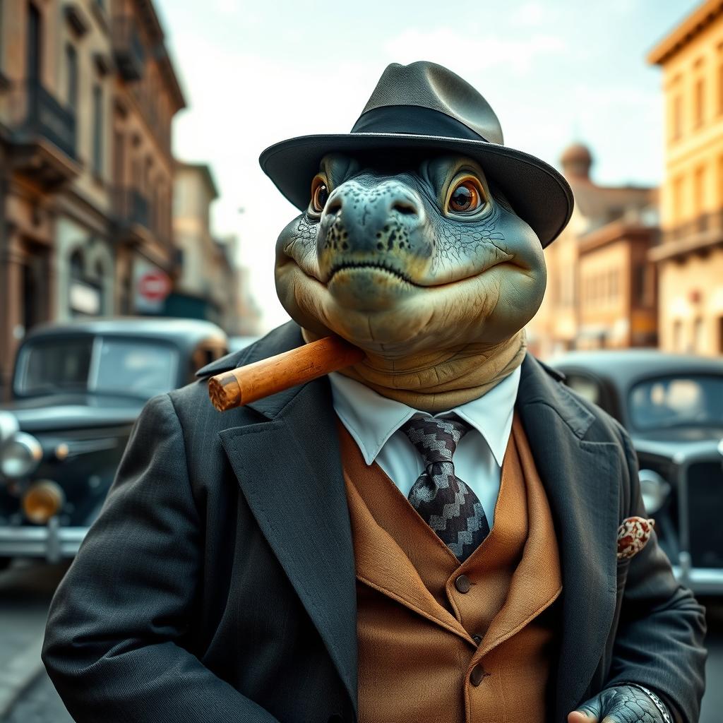 A cinematic photograph of Blastoise depicted as a mafia mob leader