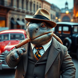 A cinematic photograph of Blastoise depicted as a mafia mob leader