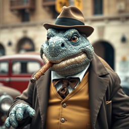 A cinematic photograph of Blastoise depicted as a mafia mob leader