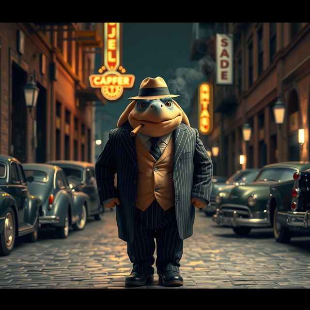 A cinematic photograph of Blastoise as a mafia mob leader in a 1920s historic setting