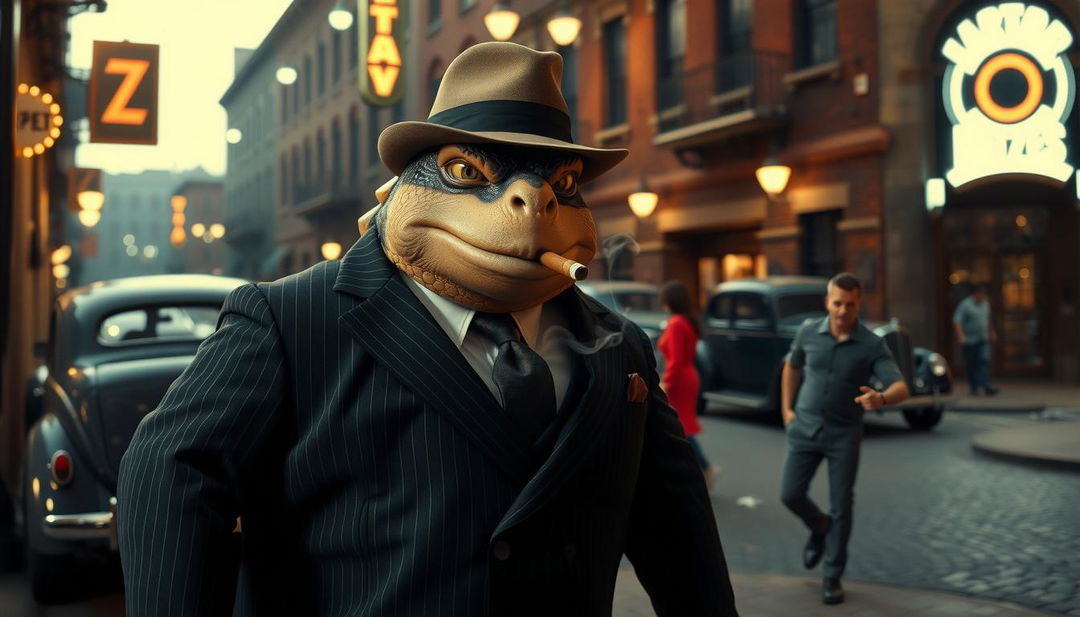 A cinematic photograph of Blastoise as a mafia mob leader in a 1920s historic setting