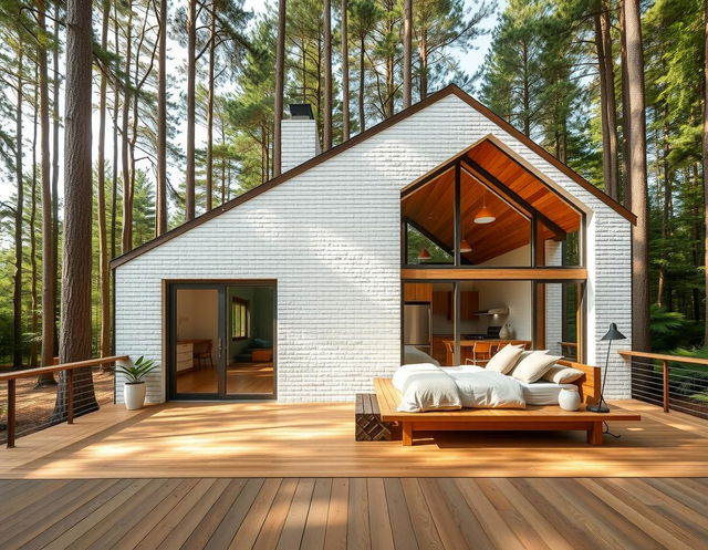 A beautifully crafted architectural cabin made of white brick and timber, situated in a serene forest setting