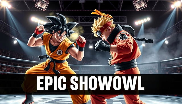 Create a UFC card promotional image of an epic showdown between Goku and Naruto with cinematic photography, dynamic poses, and an octagon background