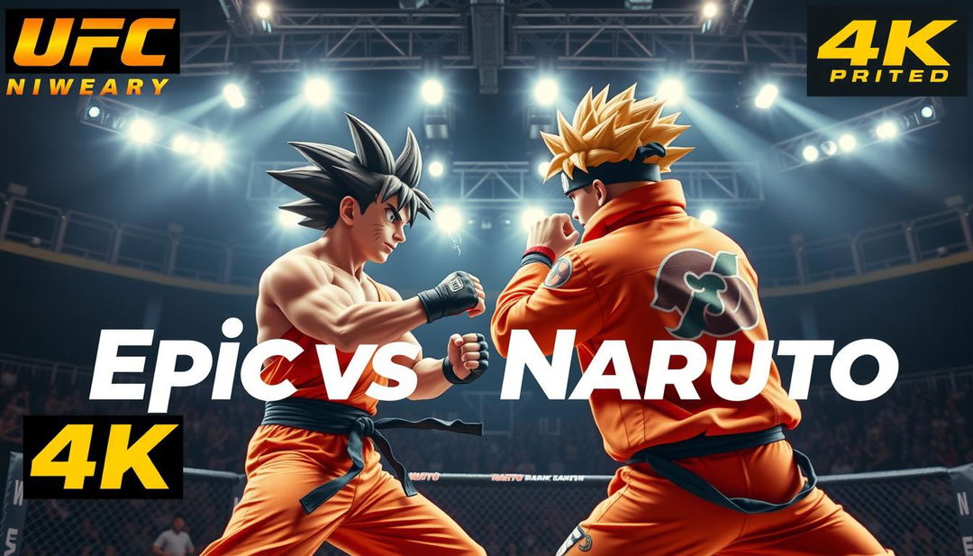 Generate a 4K promotional image of a UFC card featuring Goku vs Naruto with cinematic quality, dynamic poses, an octagon background, and bold promotional text