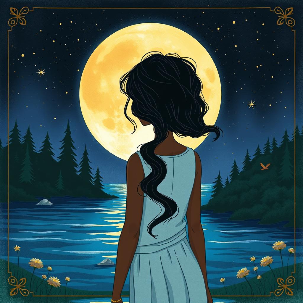 A cover illustration featuring a girl with dark skin and wavy black hair, seen from the back