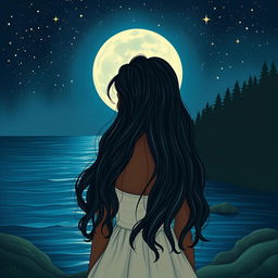 A cover illustration in a new drawing style featuring a girl with dark skin and long, wavy black hair, seen from the back