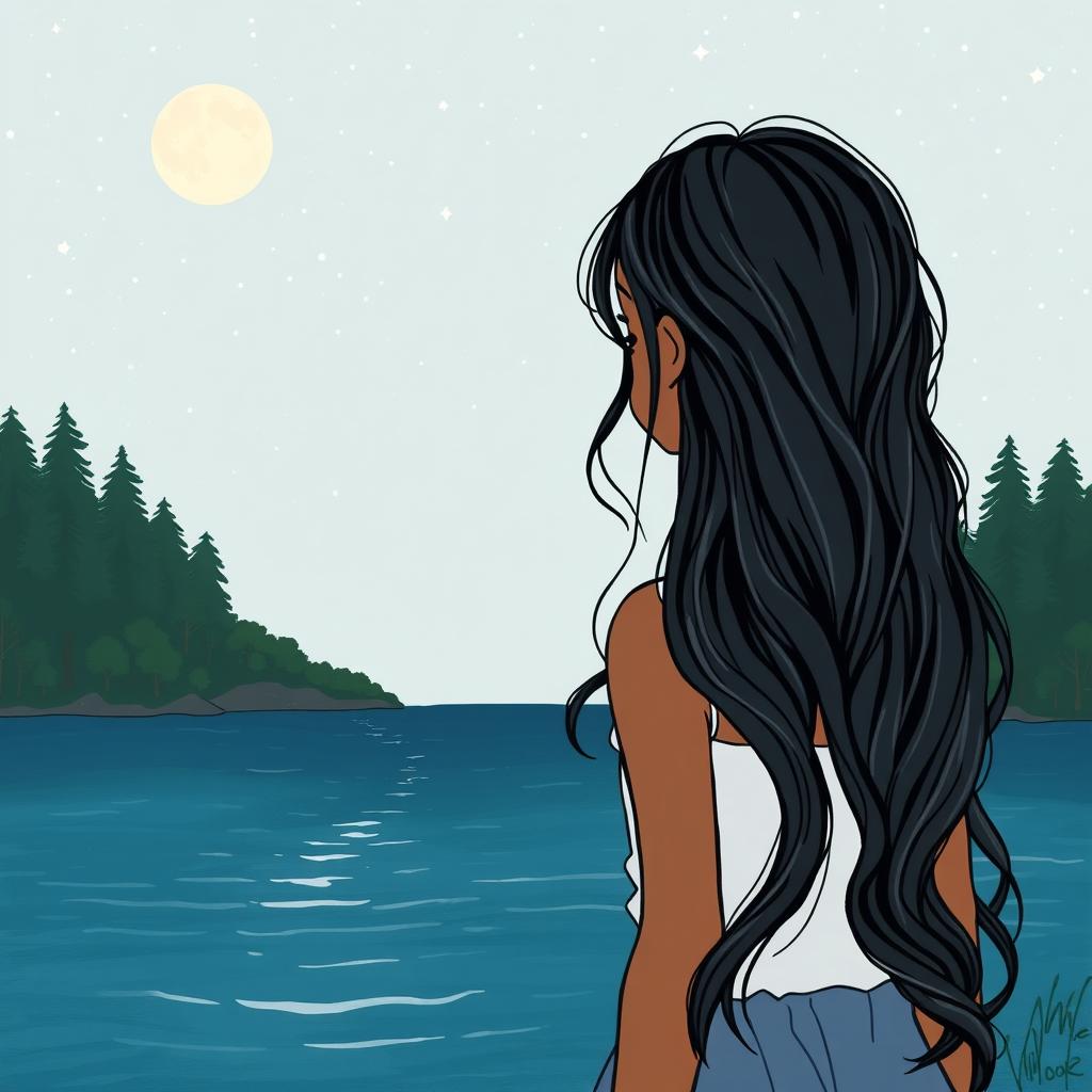 A cover illustration in a new drawing style featuring a girl with olive skin and long, wavy black hair, seen from the back