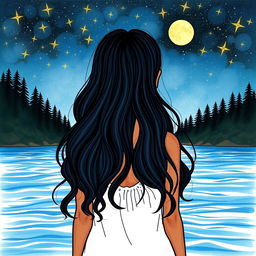 A cover illustration in a new drawing style featuring a girl with olive skin and long, wavy black hair, seen from the back