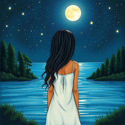 A cover illustration in a new drawing style featuring a girl with olive skin and long, wavy black hair, seen from the back