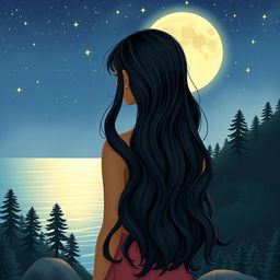 A cover illustration featuring a girl with olive skin and long, wavy black hair, seen from the back