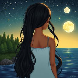 A cover illustration featuring a girl with olive skin and long, wavy black hair, seen from the back