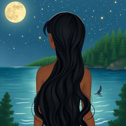 A cover illustration featuring a girl with olive skin and long, wavy black hair, seen from the back