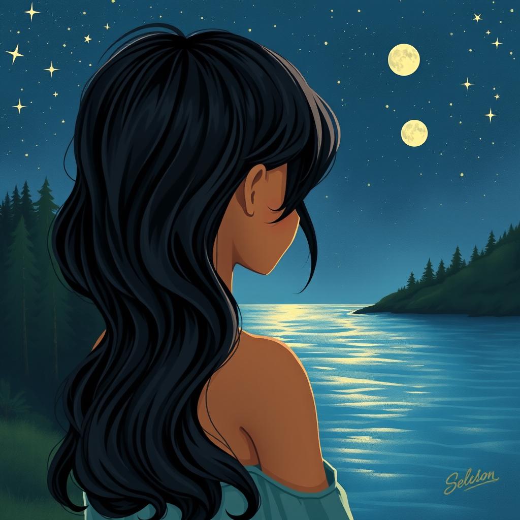 A cover illustration featuring a girl with olive skin and wavy black hair, seen from the back