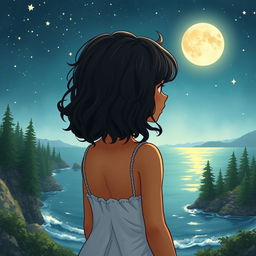 A cover illustration featuring a girl with olive skin and wavy black hair, seen from the back