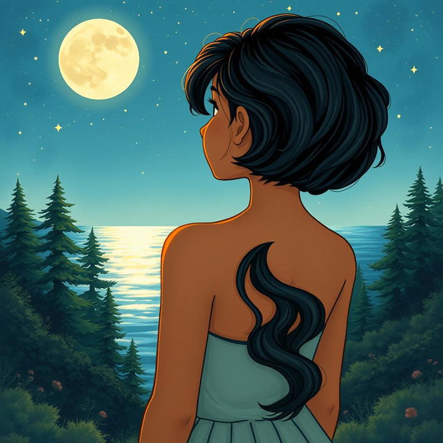 A cover illustration featuring a girl with olive skin and wavy black hair, seen from the back