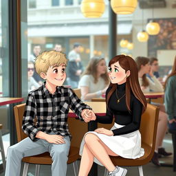 A boy and a girl are sitting in a cafe