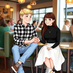 A boy and a girl are sitting in a cafe