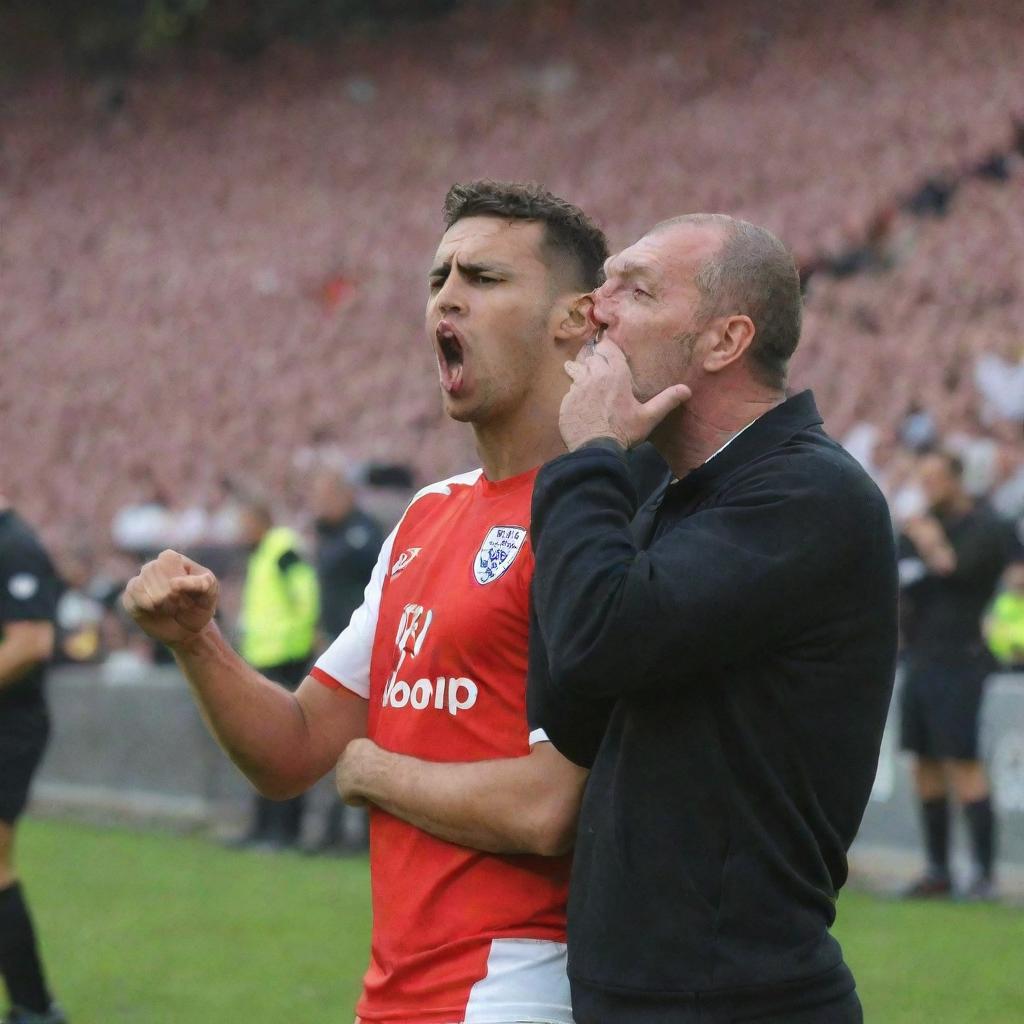 Famous football players showing mildly rude gestures, like sticking out their tongues or thumbing their noses, during a football match in a stadium full of spectators