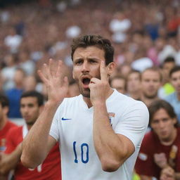 Famous football players showing mildly rude gestures, like sticking out their tongues or thumbing their noses, during a football match in a stadium full of spectators