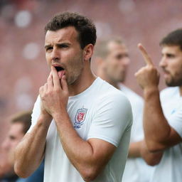 Famous football players showing mildly rude gestures, like sticking out their tongues or thumbing their noses, during a football match in a stadium full of spectators