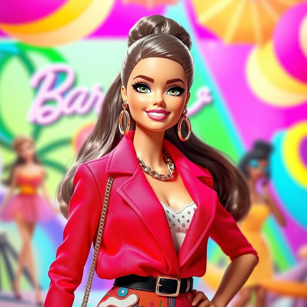 A vibrant and glamorous image of Barbie in a stylish outfit, posing confidently with a bright and cheerful background