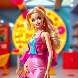 A vibrant and glamorous image of Barbie in a stylish outfit, posing confidently with a bright and cheerful background