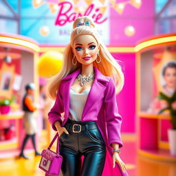 A vibrant and glamorous image of Barbie in a stylish outfit, posing confidently with a bright and cheerful background