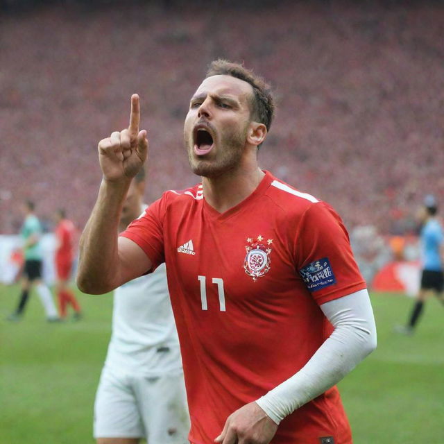 Famous football players showing mildly rude gestures, like sticking out their tongues or thumbing their noses, during a football match in a stadium full of spectators