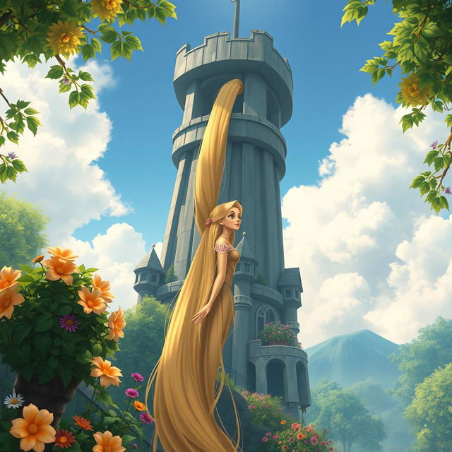 A beautiful scene featuring Rapunzel with her long, golden hair flowing down from a tall tower