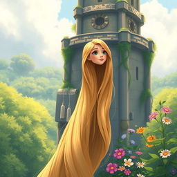 A beautiful scene featuring Rapunzel with her long, golden hair flowing down from a tall tower