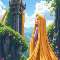 A beautiful scene featuring Rapunzel with her long, golden hair flowing down from a tall tower