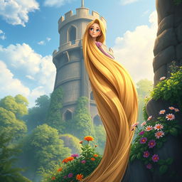 A beautiful scene featuring Rapunzel with her long, golden hair flowing down from a tall tower