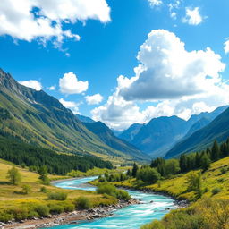 Generate an image of a beautiful landscape with mountains, a river flowing through the valley, and a clear blue sky with fluffy white clouds