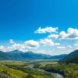 Generate an image of a beautiful landscape with mountains, a river flowing through the valley, and a clear blue sky with fluffy white clouds