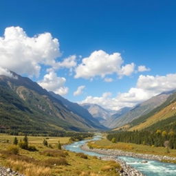 Generate an image of a beautiful landscape with mountains, a river flowing through the valley, and a clear blue sky with fluffy white clouds