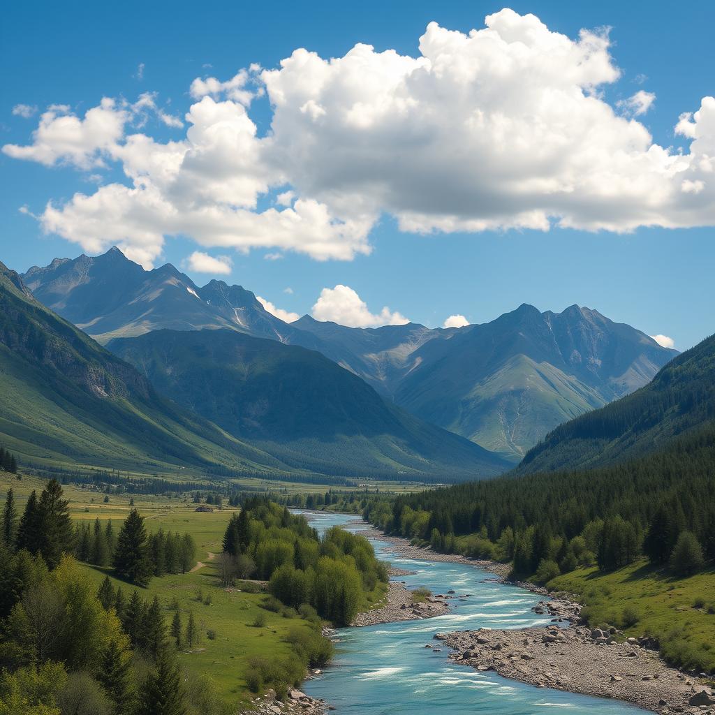 Generate an image of a beautiful landscape with mountains, a river flowing through the valley, and a clear blue sky with fluffy white clouds