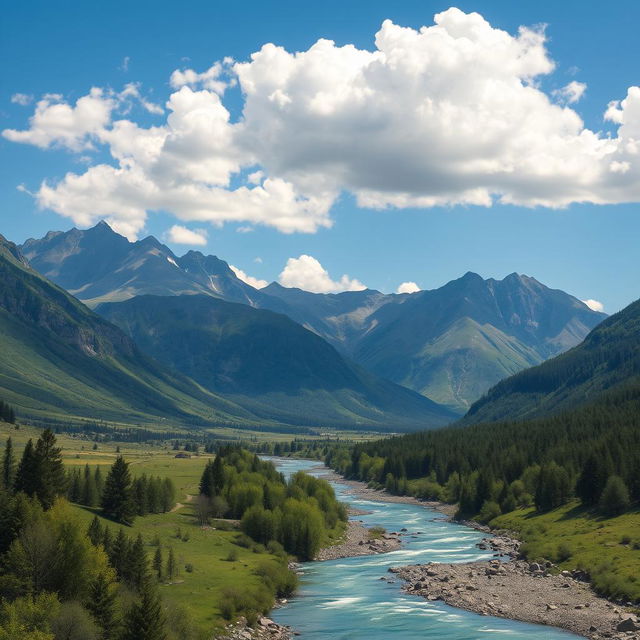 Generate an image of a beautiful landscape with mountains, a river flowing through the valley, and a clear blue sky with fluffy white clouds